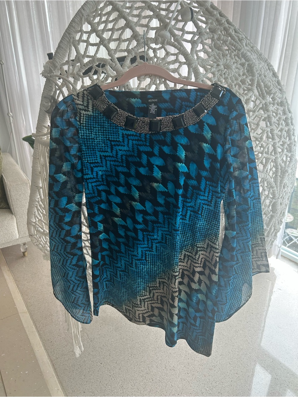 Alfani Blue Patterned Long Sleeve Blouse with Beaded Neckline